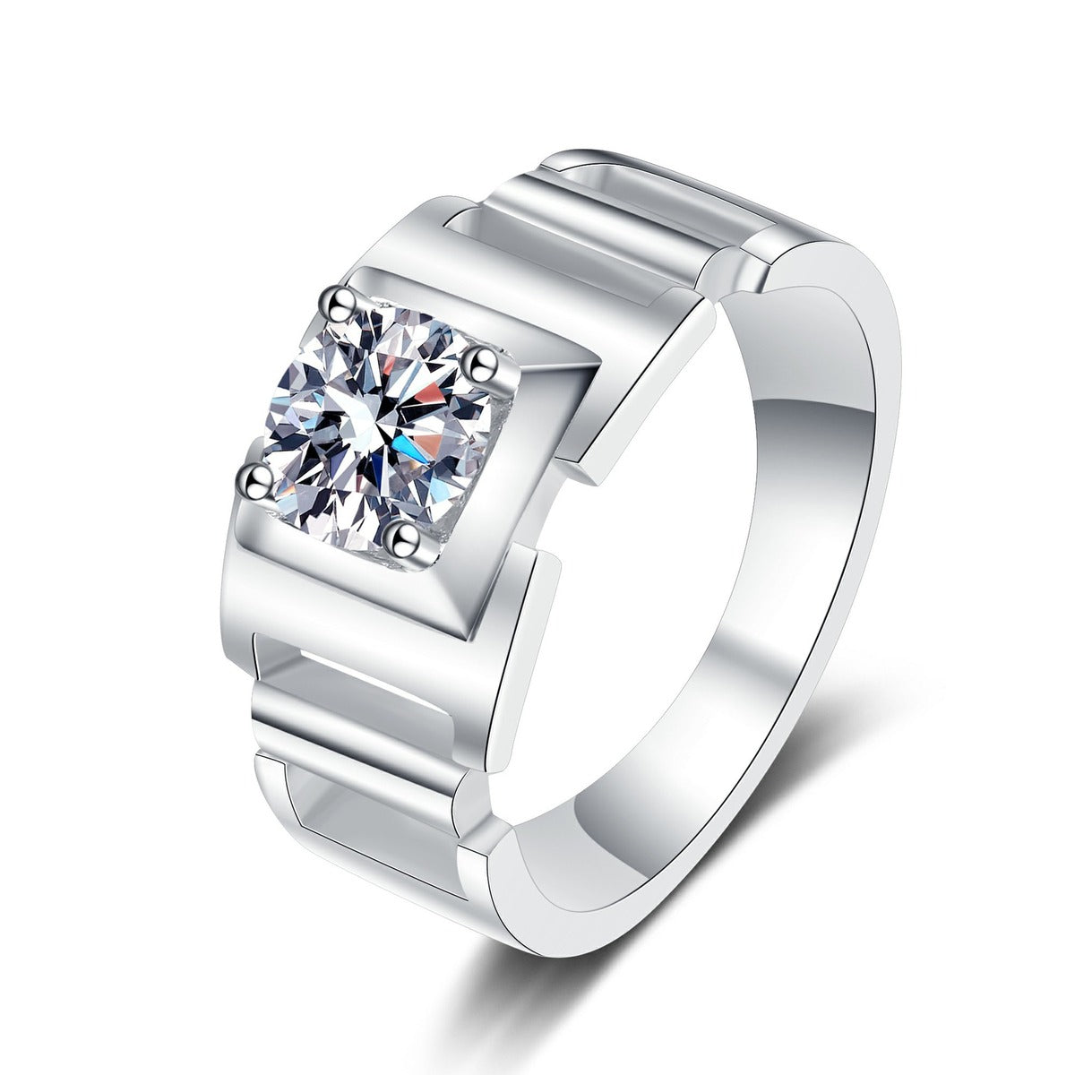 Men's Round Moissanite Ring in Rhodium-Plated S925 Sterling Silver clean white background product photo showing the ring silhouette and moissanite setting