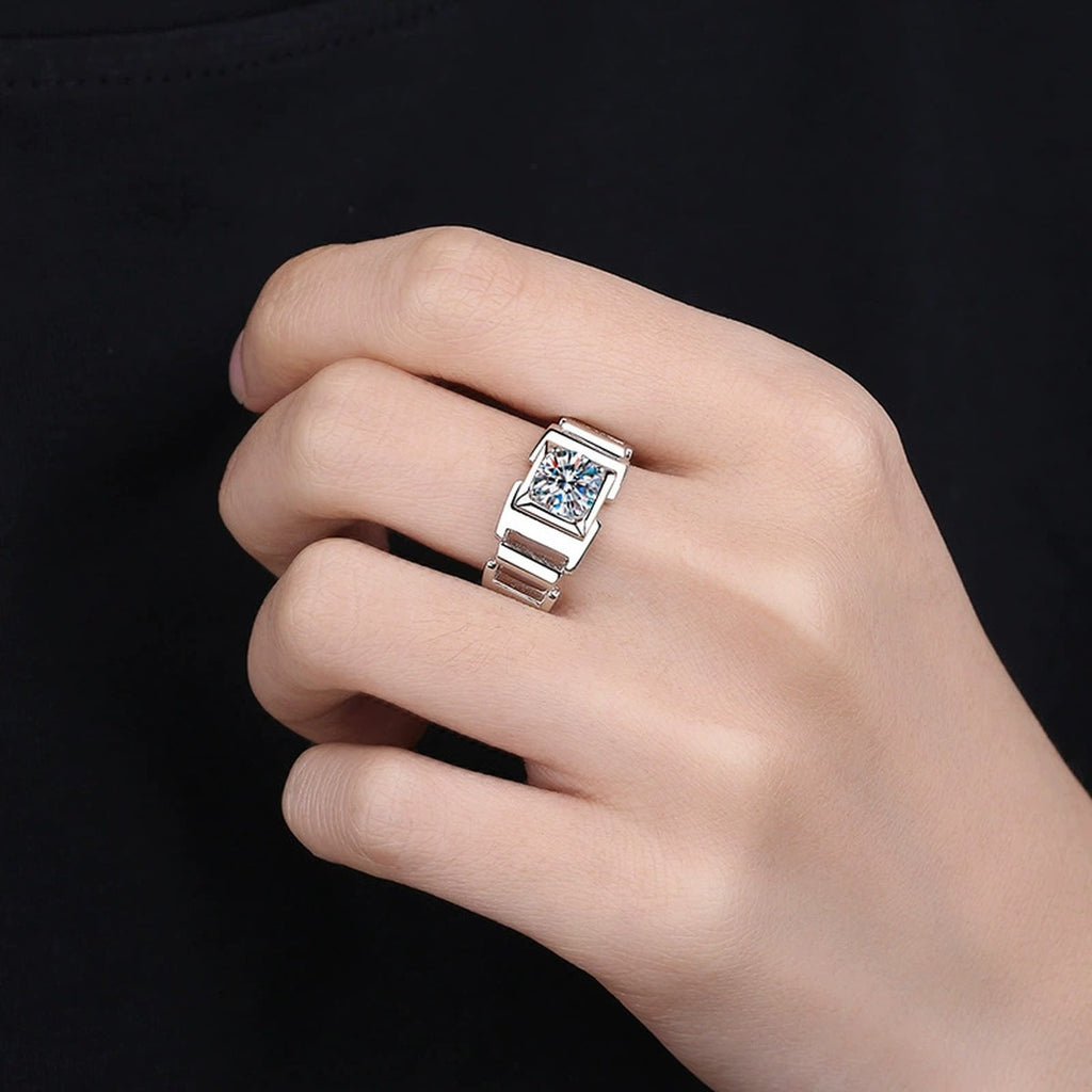 Men's Round Moissanite Ring in Rhodium-Plated S925 Sterling Silver worn on hand, showing scale, finger coverage, and rhodium-plated finish