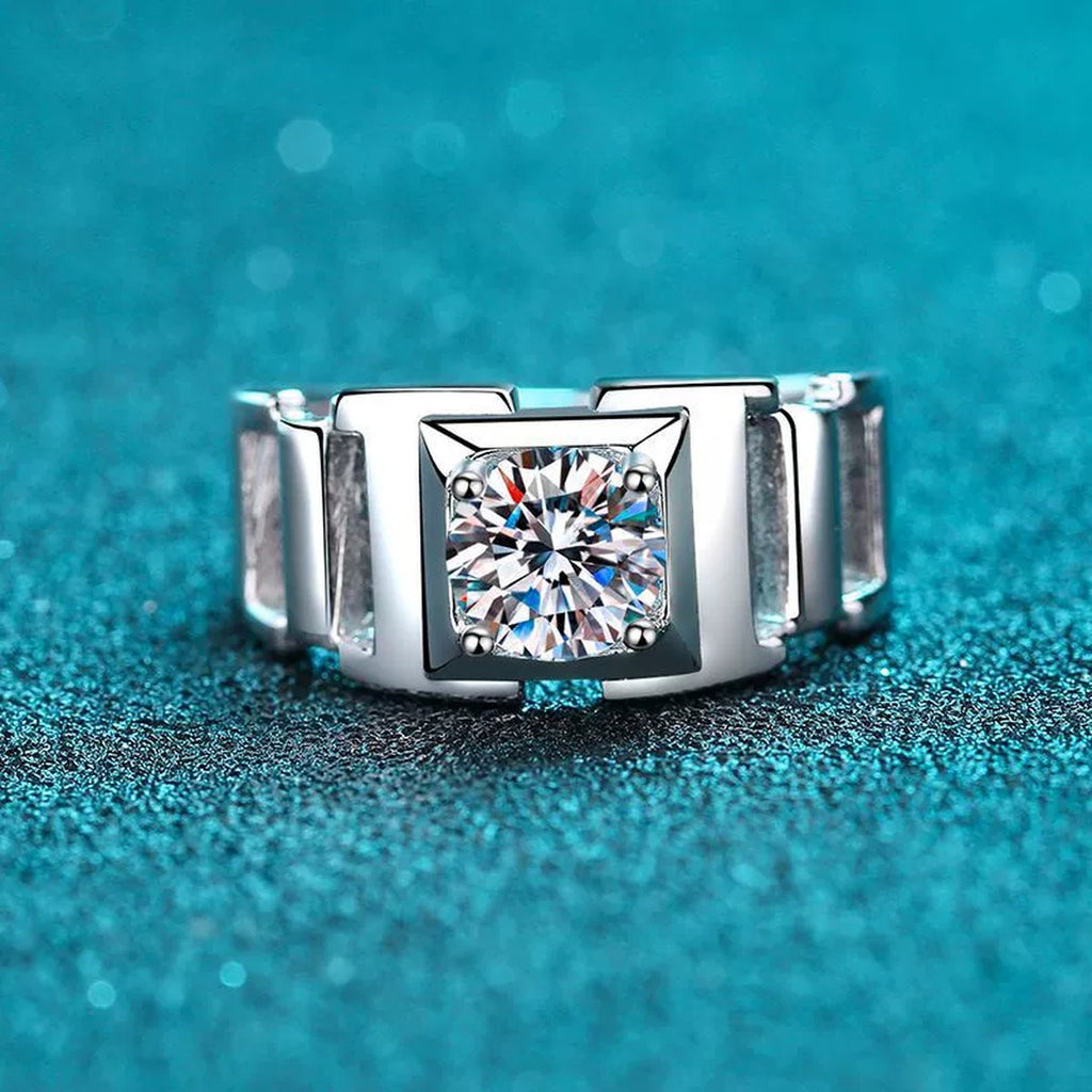 Men's Round Moissanite Ring in Rhodium-Plated S925 Sterling Silver blue display product photo showing the moissanite setting and band profile