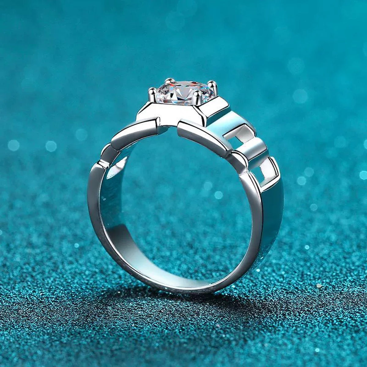 Men's Round Moissanite Ring in Rhodium-Plated S925 Sterling Silver blue display product photo showing the moissanite setting and band profile