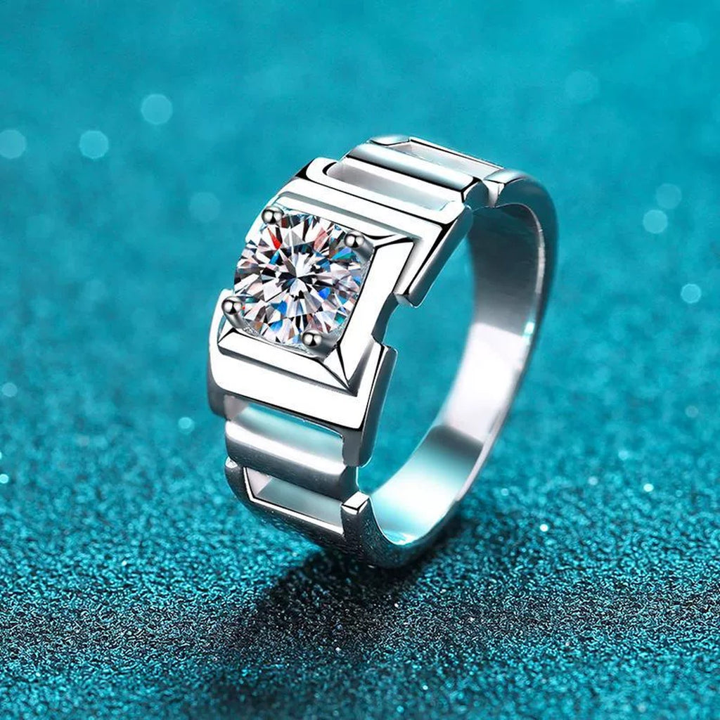 Men's Round Moissanite Ring in Rhodium-Plated S925 Sterling Silver blue display product photo showing the moissanite setting and band profile