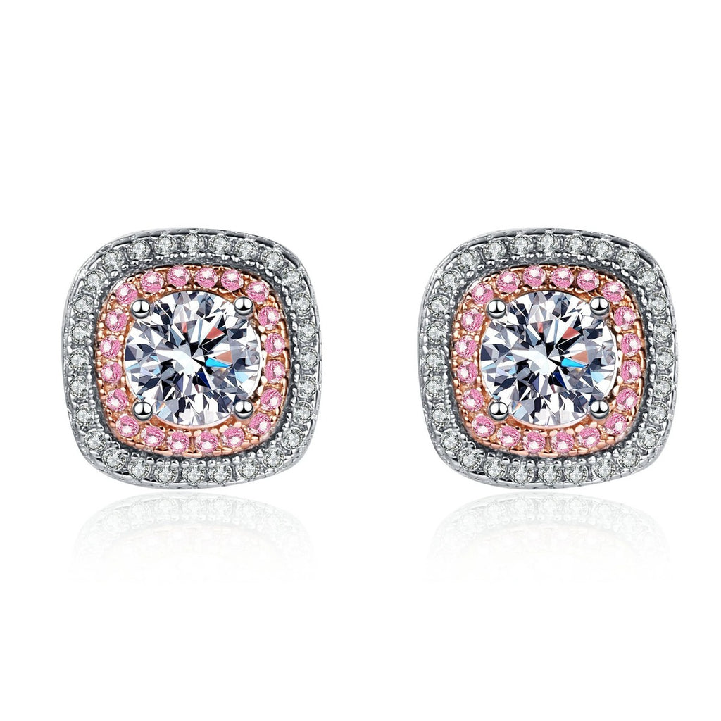 Pink CZ Halo Moissanite Stud Earrings in Rhodium-Plated S925 sterling silver white background product photo showing the pair, stone shape, and stud earrings silhouette