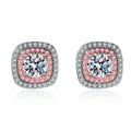 Pink CZ Halo Moissanite Stud Earrings in Rhodium-Plated S925 sterling silver white background product photo showing the pair, stone shape, and stud earrings silhouette