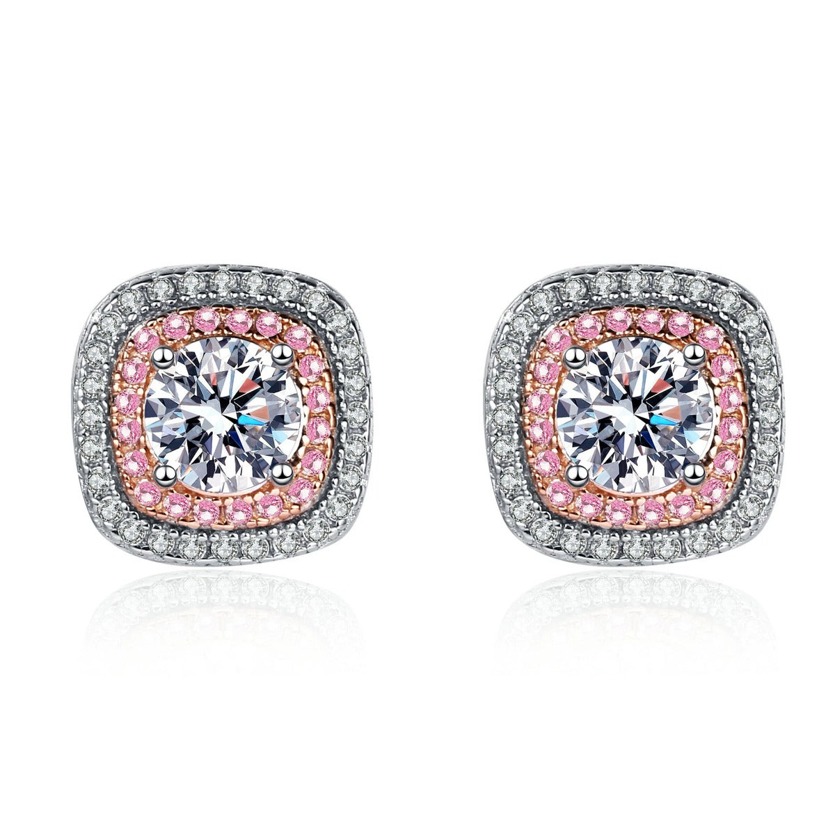 Pink CZ Halo Moissanite Stud Earrings in Rhodium-Plated S925 sterling silver white background product photo showing the pair, stone shape, and stud earrings silhouette
