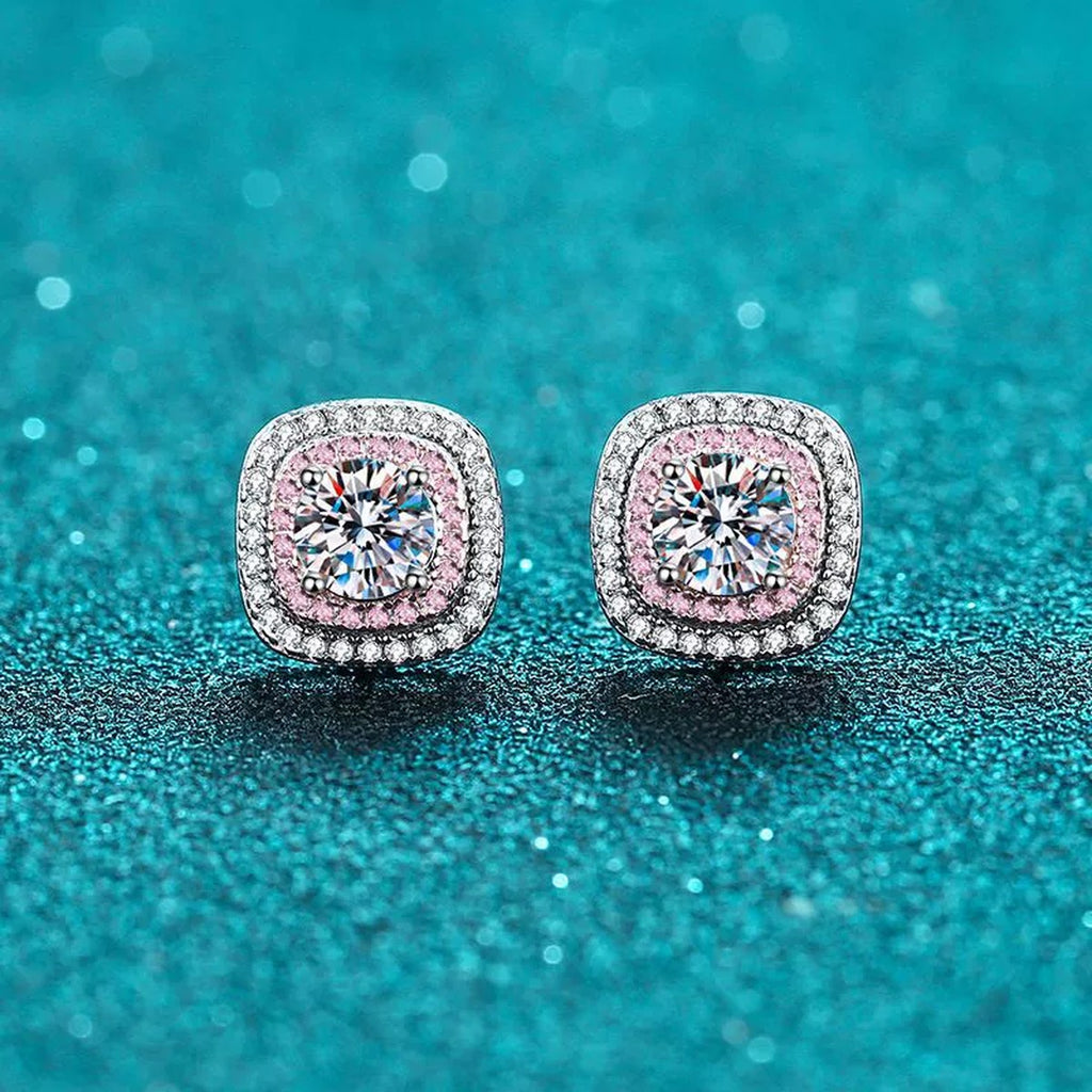 Pink CZ Halo Moissanite Stud Earrings in Rhodium-Plated S925 sterling silver product scene view showing front sparkle