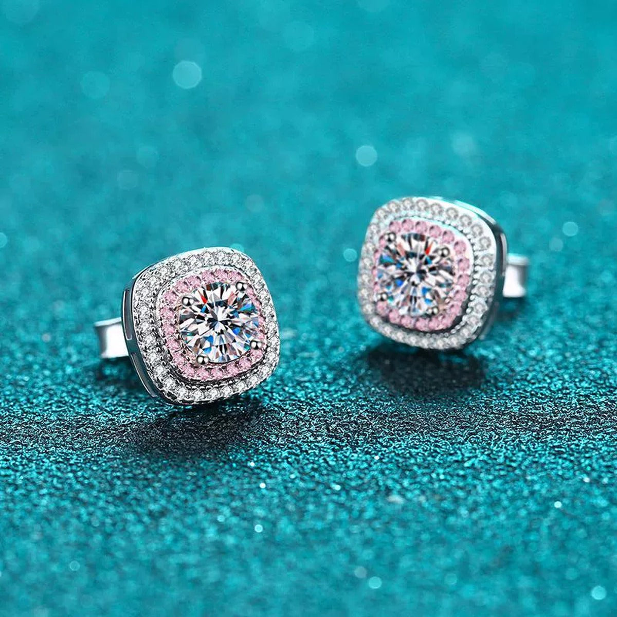 Pink CZ Halo Moissanite Stud Earrings in Rhodium-Plated S925 sterling silver product scene view showing angled setting detail