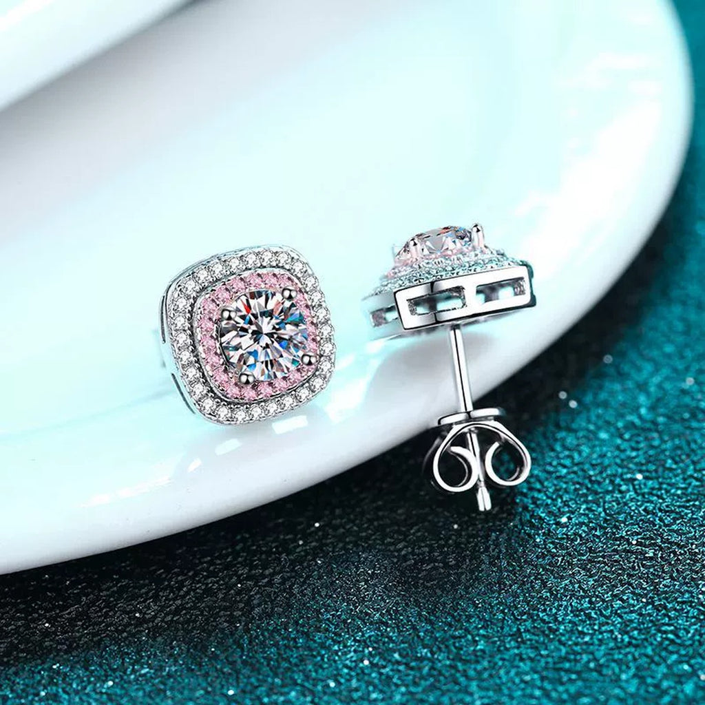 Pink CZ Halo Moissanite Stud Earrings in Rhodium-Plated S925 sterling silver product scene view showing side profile
