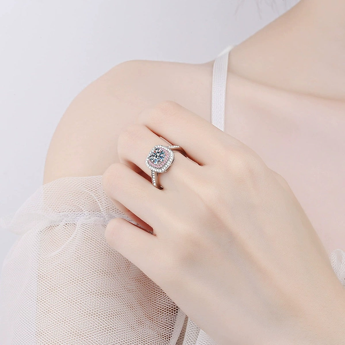 Pink Halo Moissanite Ring with CZ in Rhodium-Plated S925 Sterling Silver worn on hand, showing scale, finger coverage, and rhodium-plated finish