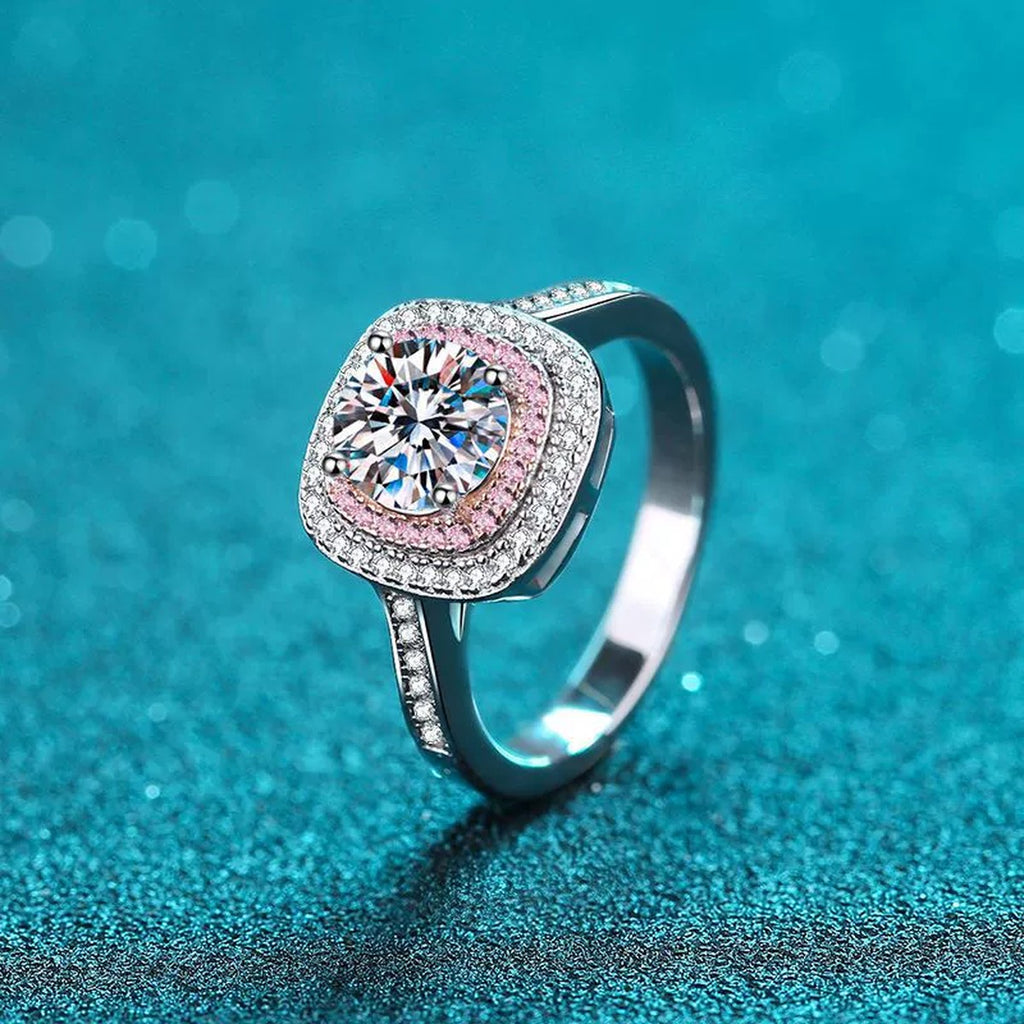 Pink Halo Moissanite Ring with CZ in Rhodium-Plated S925 Sterling Silver blue display product photo showing the moissanite setting and band profile