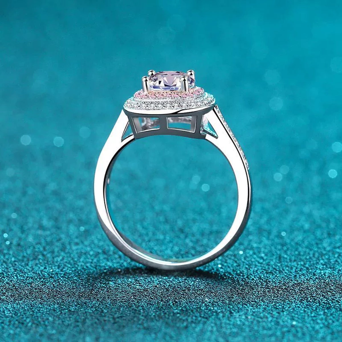 Pink Halo Moissanite Ring with CZ in Rhodium-Plated S925 Sterling Silver blue display product photo showing the moissanite setting and band profile