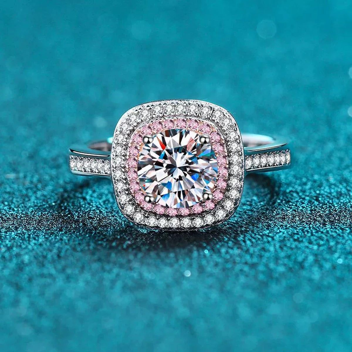 Pink Halo Moissanite Ring with CZ in Rhodium-Plated S925 Sterling Silver blue display product photo showing the moissanite setting and band profile