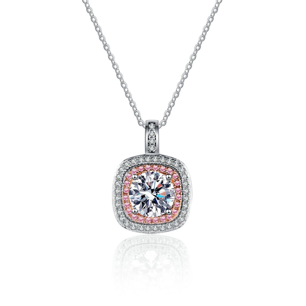 Pink Cushion Halo Moissanite Pendant Necklace with CZ in Rhodium-Plated S925 sterling silver on white background showing pendant shape and round moissanite