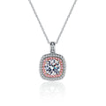 Pink Cushion Halo Moissanite Pendant Necklace with CZ in Rhodium-Plated S925 sterling silver on white background showing pendant shape and round moissanite