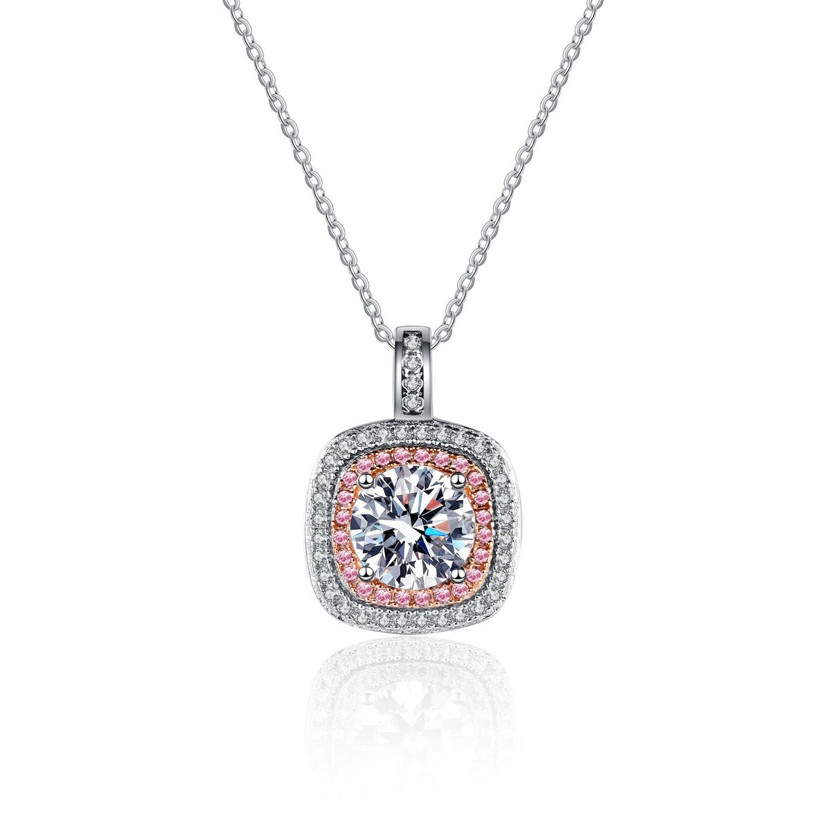 Pink Cushion Halo Moissanite Pendant Necklace with CZ in Rhodium-Plated S925 sterling silver on white background showing pendant shape and round moissanite