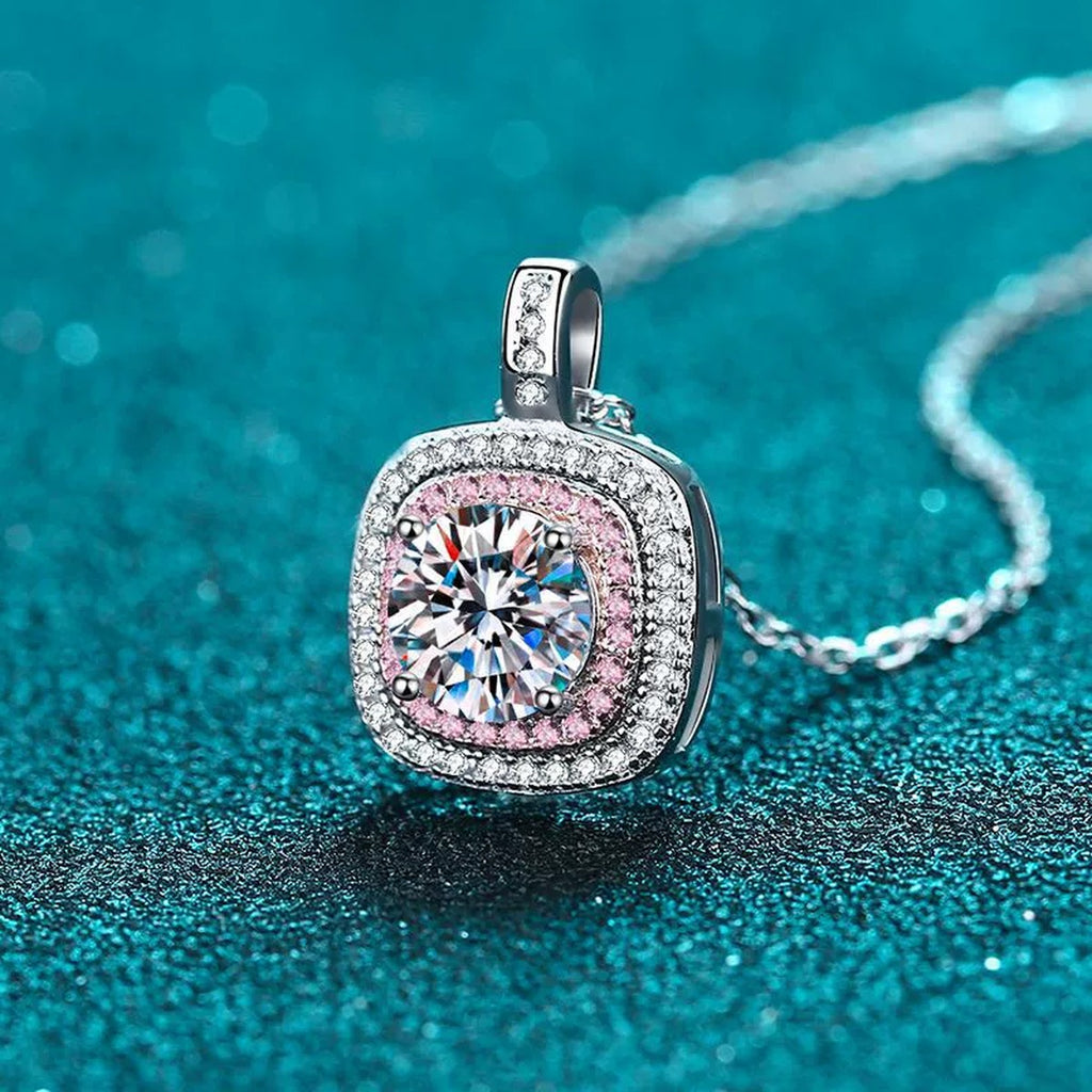 Pink Cushion Halo Moissanite Pendant Necklace with CZ in Rhodium-Plated S925 sterling silver product scene view showing pendant detail