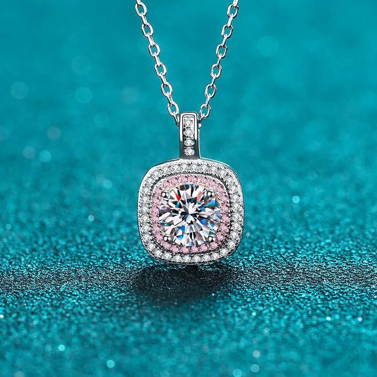 Pink Cushion Halo Moissanite Pendant Necklace with CZ in Rhodium-Plated S925 sterling silver product scene view showing chain and setting detail