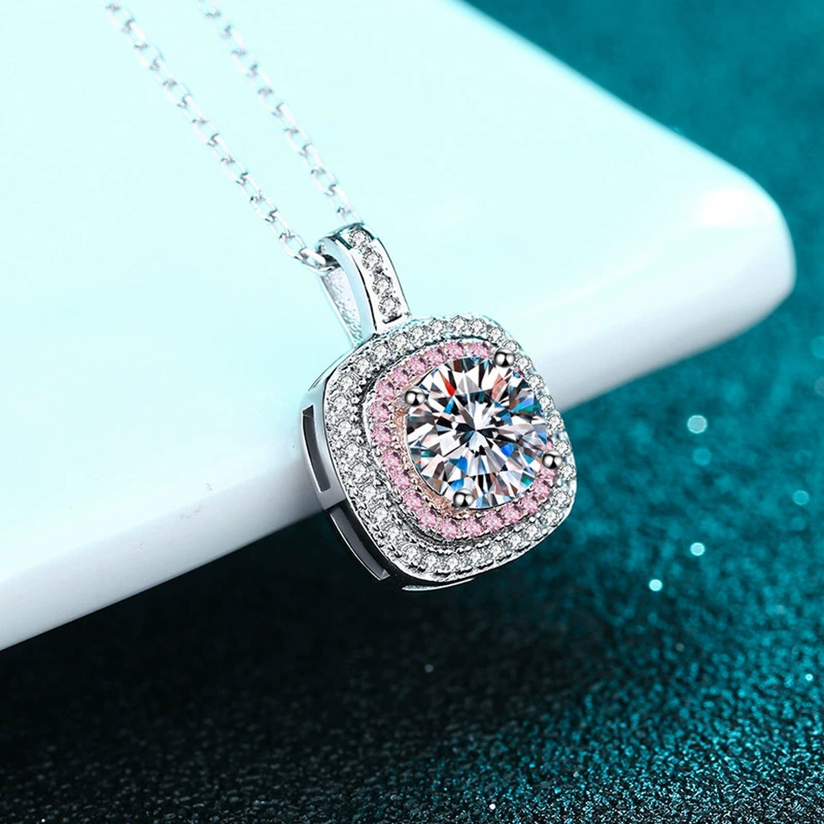 Pink Cushion Halo Moissanite Pendant Necklace with CZ in Rhodium-Plated S925 sterling silver product scene view showing angled sparkle