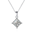 Princess Cut Moissanite Pendant Necklace in Rhodium-Plated S925 sterling silver on white background showing pendant shape and round moissanite