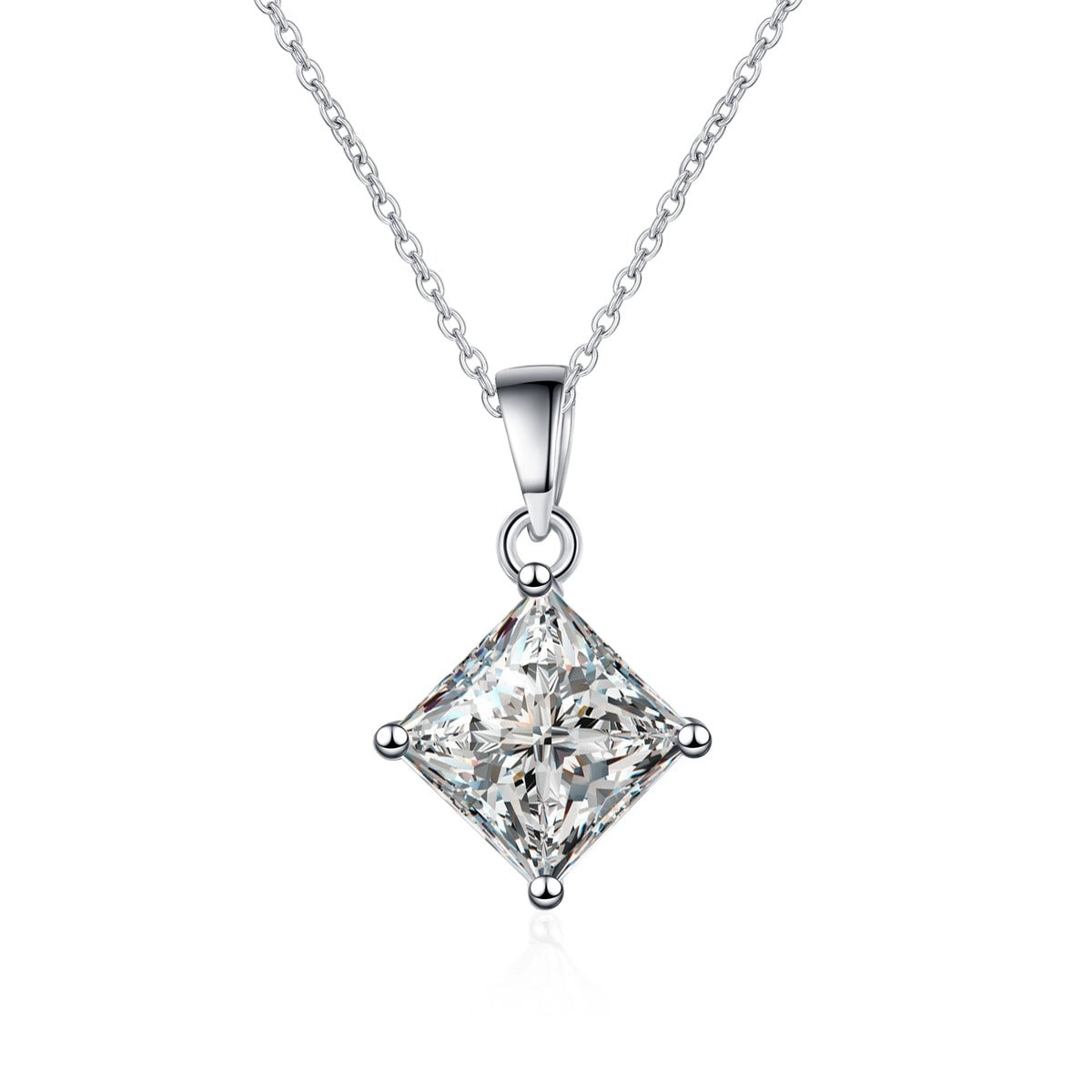 Princess Cut Moissanite Pendant Necklace in Rhodium-Plated S925 sterling silver on white background showing pendant shape and round moissanite