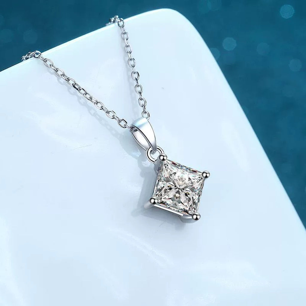 Princess Cut Moissanite Pendant Necklace in Rhodium-Plated S925 sterling silver product scene view showing pendant detail