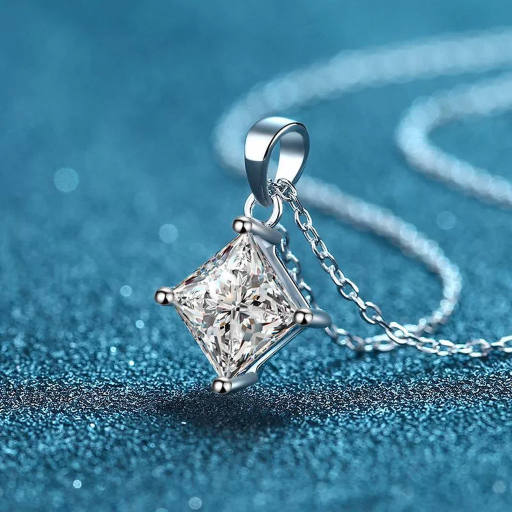 Princess Cut Moissanite Pendant Necklace in Rhodium-Plated S925 sterling silver product scene view showing chain and setting detail