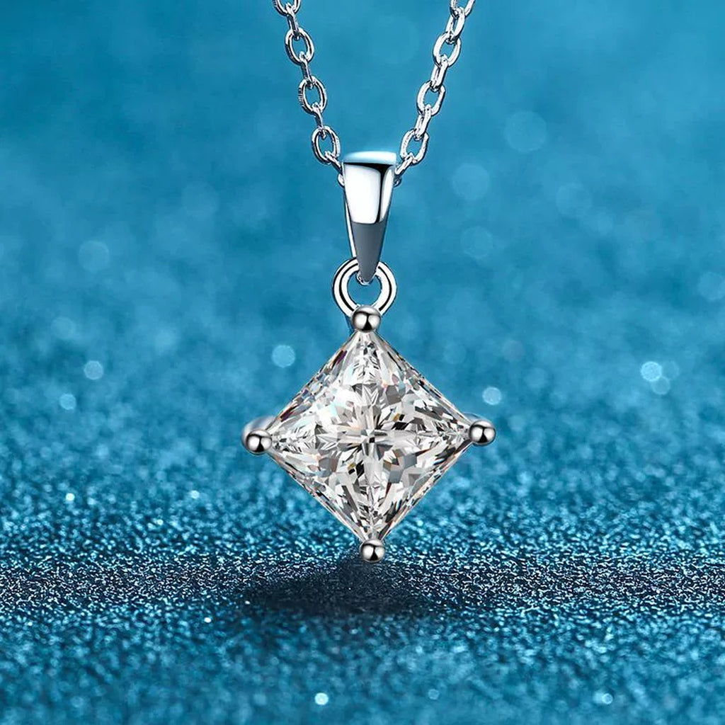 Princess Cut Moissanite Pendant Necklace in Rhodium-Plated S925 sterling silver product scene view showing angled sparkle