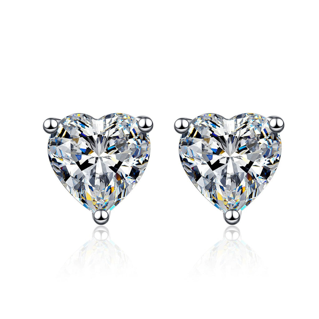 Heart Cut Moissanite Stud Earrings in Rhodium-Plated S925 sterling silver white background product photo showing the pair, stone shape, and stud earrings silhouette