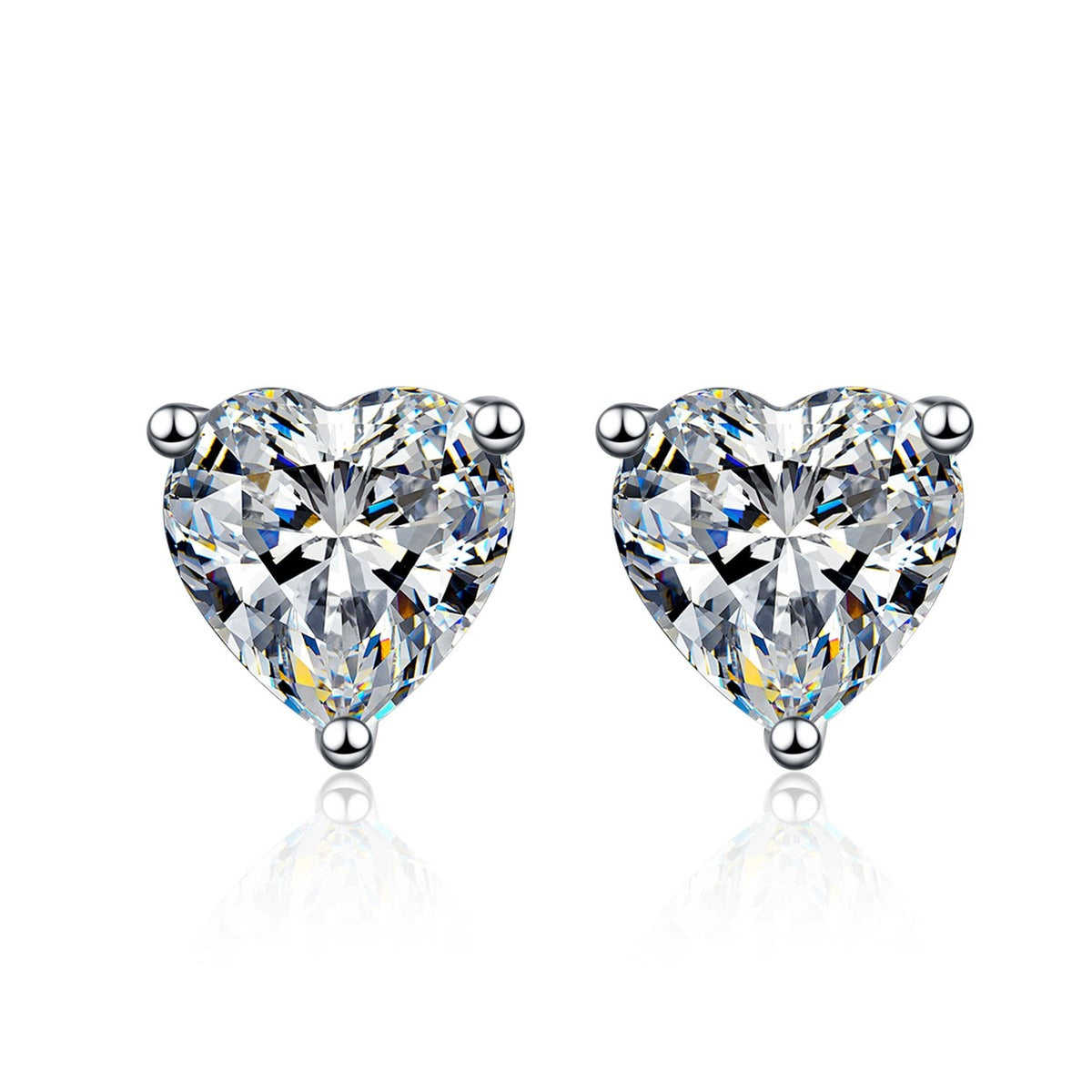 Heart Cut Moissanite Stud Earrings in Rhodium-Plated S925 sterling silver white background product photo showing the pair, stone shape, and stud earrings silhouette