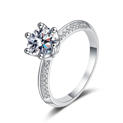 Round Moissanite Adjustable Side Stone Ring with CZ in rhodium-plated S925 sterling silver on clean white background