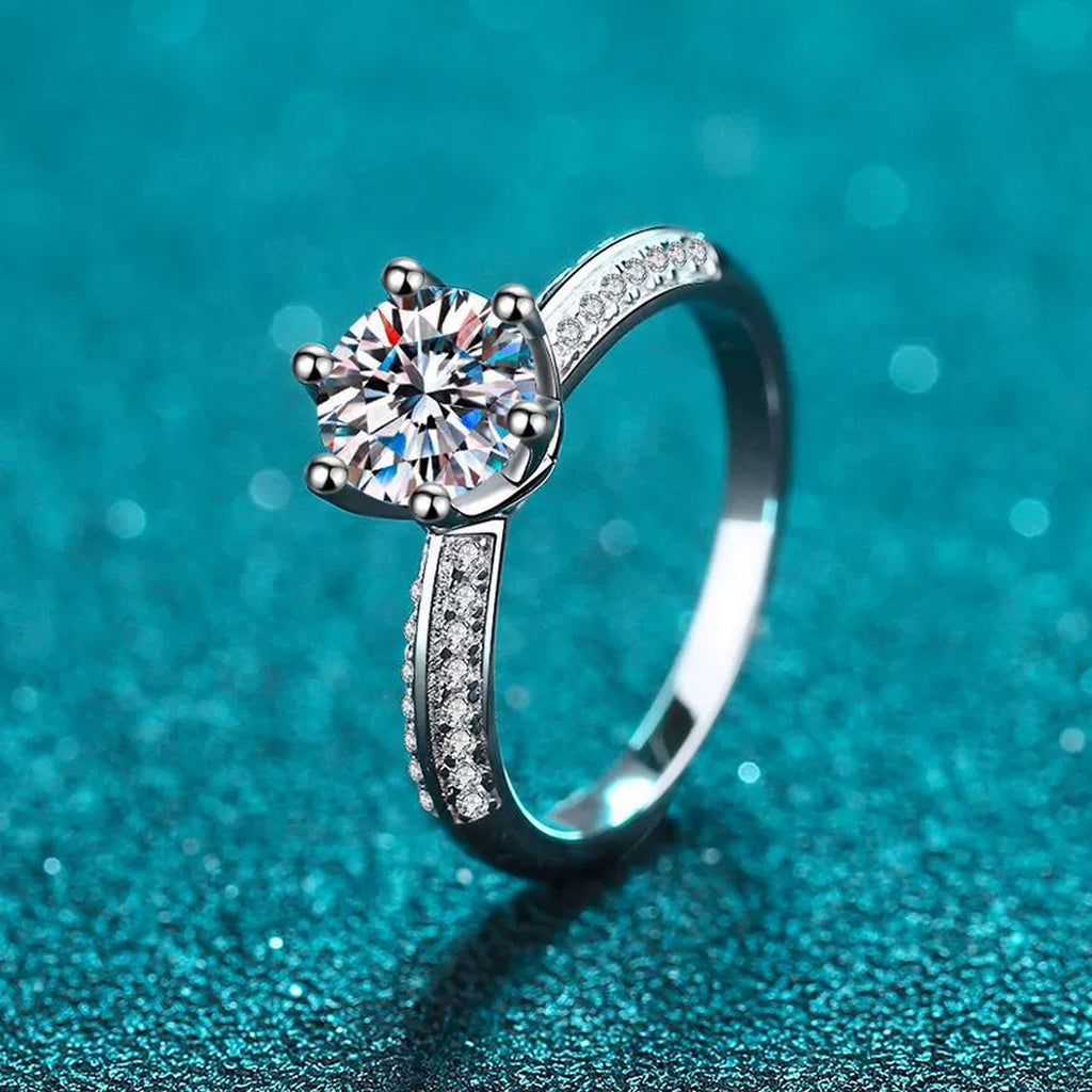 Round Moissanite Adjustable Side Stone Ring with CZ product view showing moissanite setting and metal finish