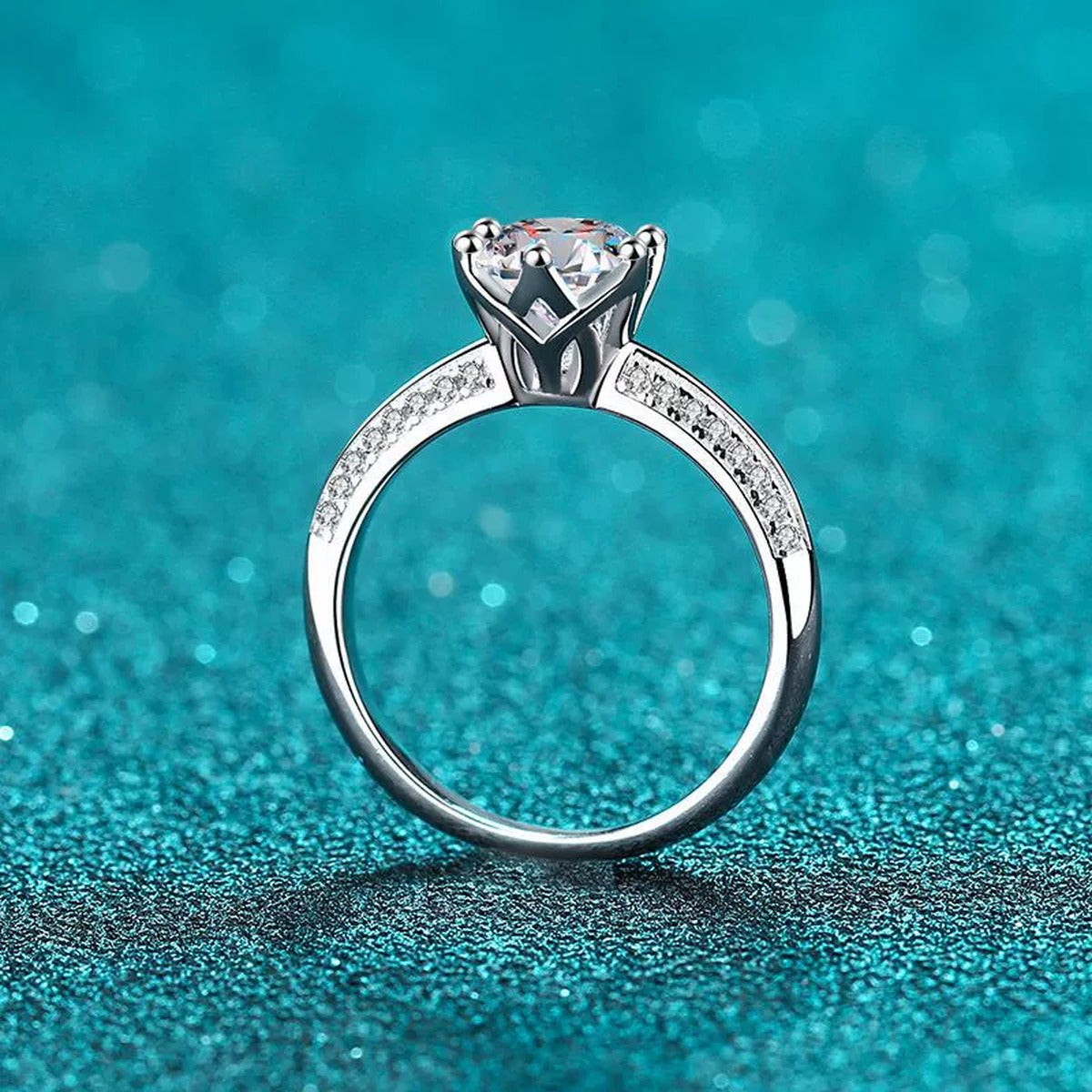 Round Moissanite Adjustable Side Stone Ring with CZ product view showing moissanite setting and metal finish