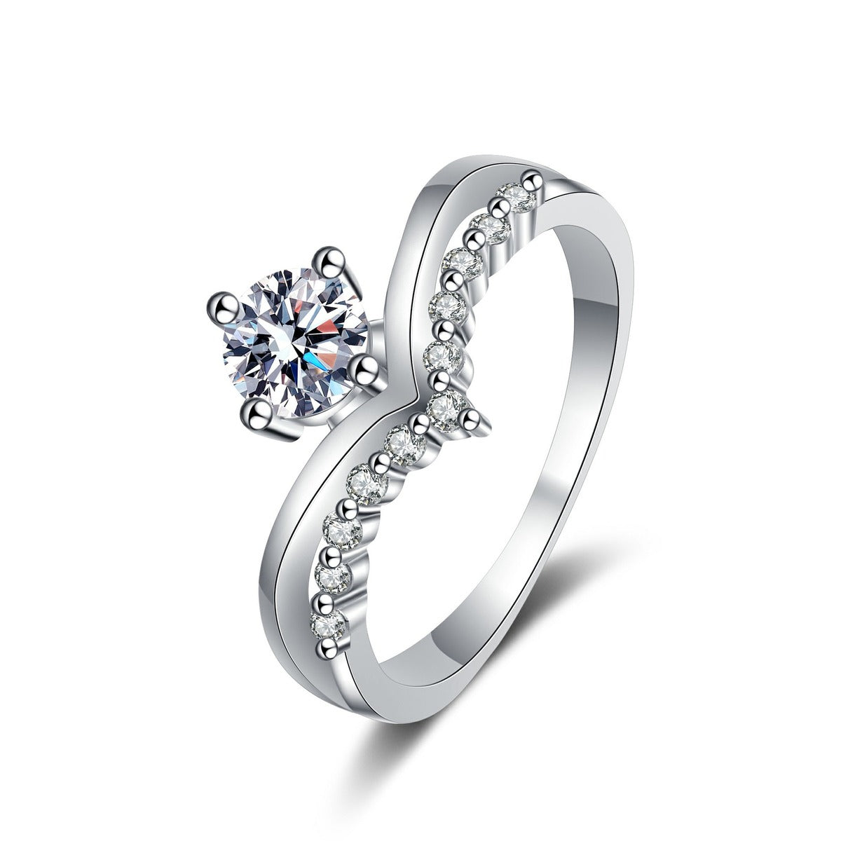 Round Moissanite Chevron Ring with CZ in rhodium-plated S925 sterling silver on clean white background