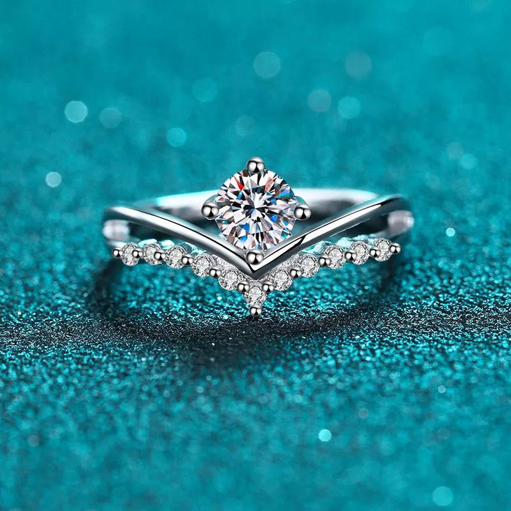 Round Moissanite Chevron Ring with CZ product view showing moissanite setting and metal finish