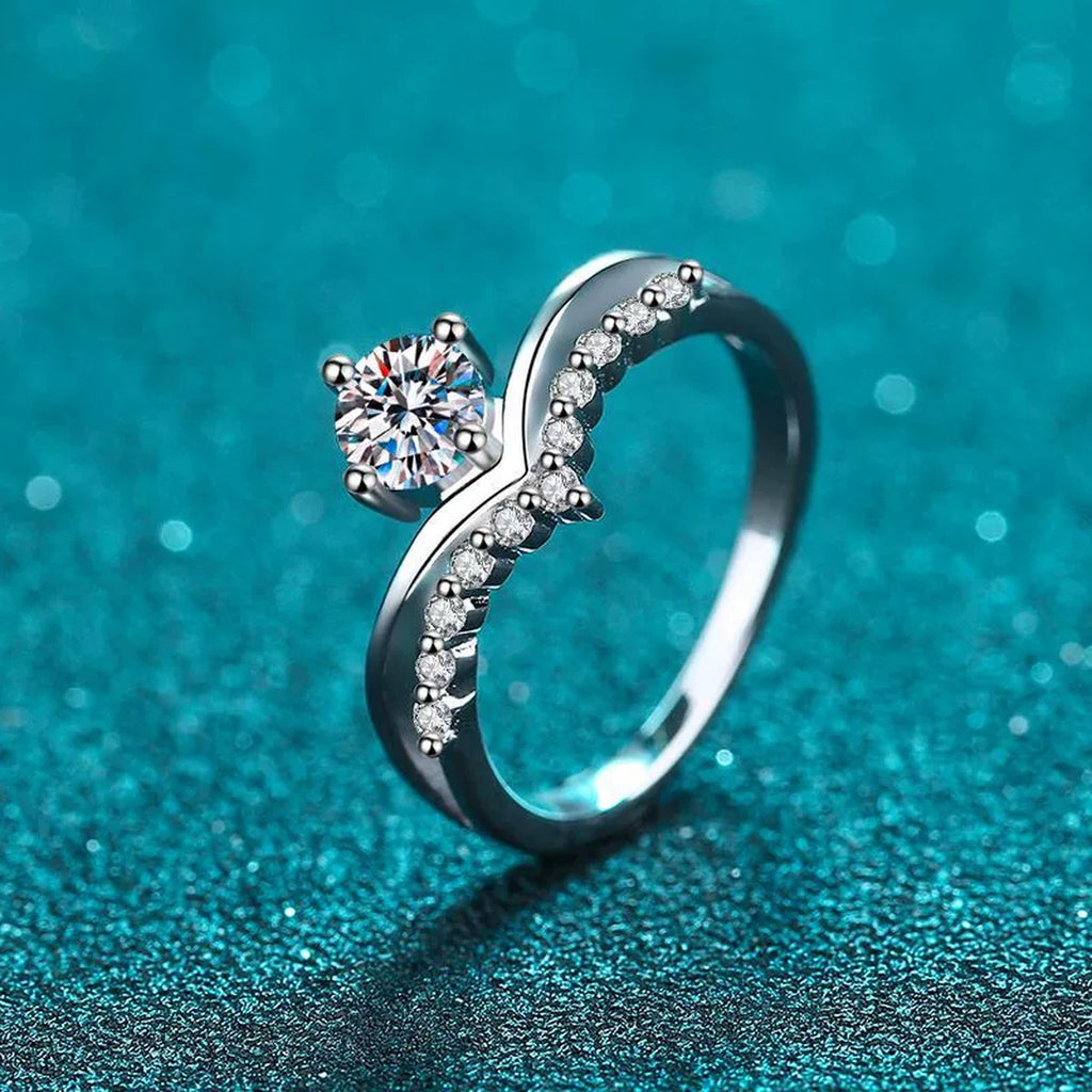 Round Moissanite Chevron Ring with CZ product view showing moissanite setting and metal finish