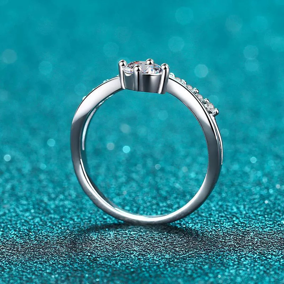 Round Moissanite Chevron Ring with CZ product view showing moissanite setting and metal finish