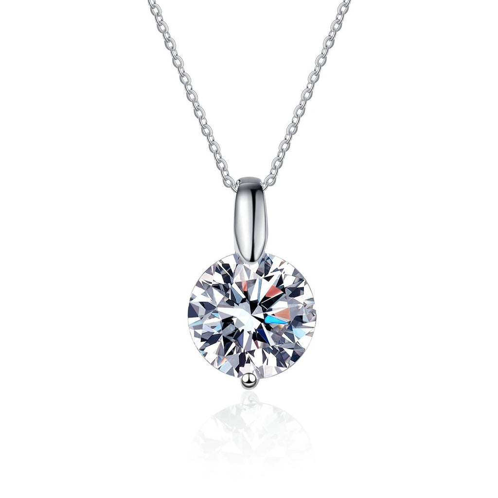 Solitaire Moissanite Pendant Necklace in Rhodium-Plated S925 sterling silver on white background showing pendant shape and round moissanite