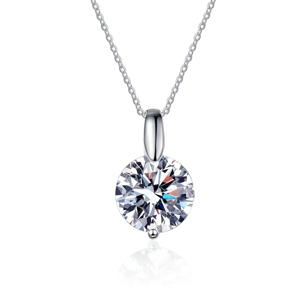 Solitaire Moissanite Pendant Necklace in Rhodium-Plated S925 sterling silver on white background showing pendant shape and round moissanite