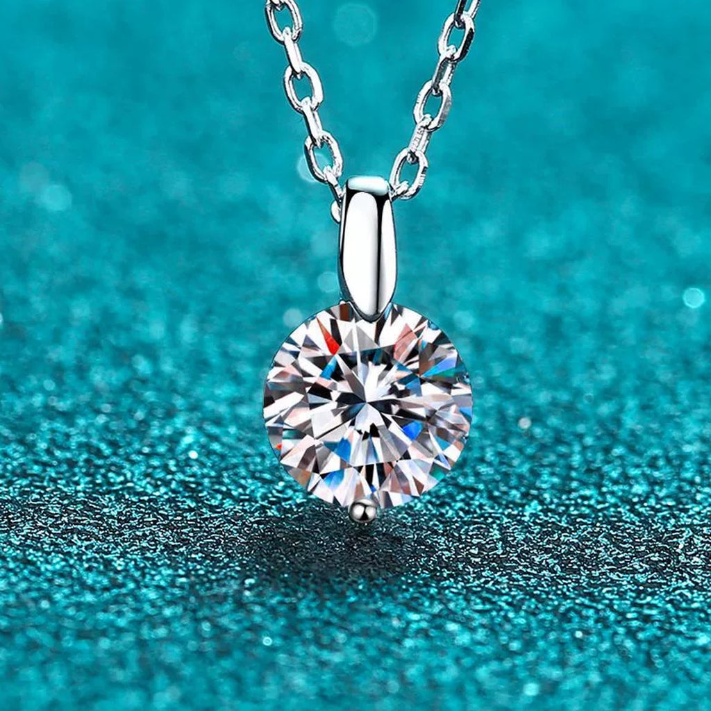 Solitaire Moissanite Pendant Necklace in Rhodium-Plated S925 sterling silver product scene view showing pendant detail