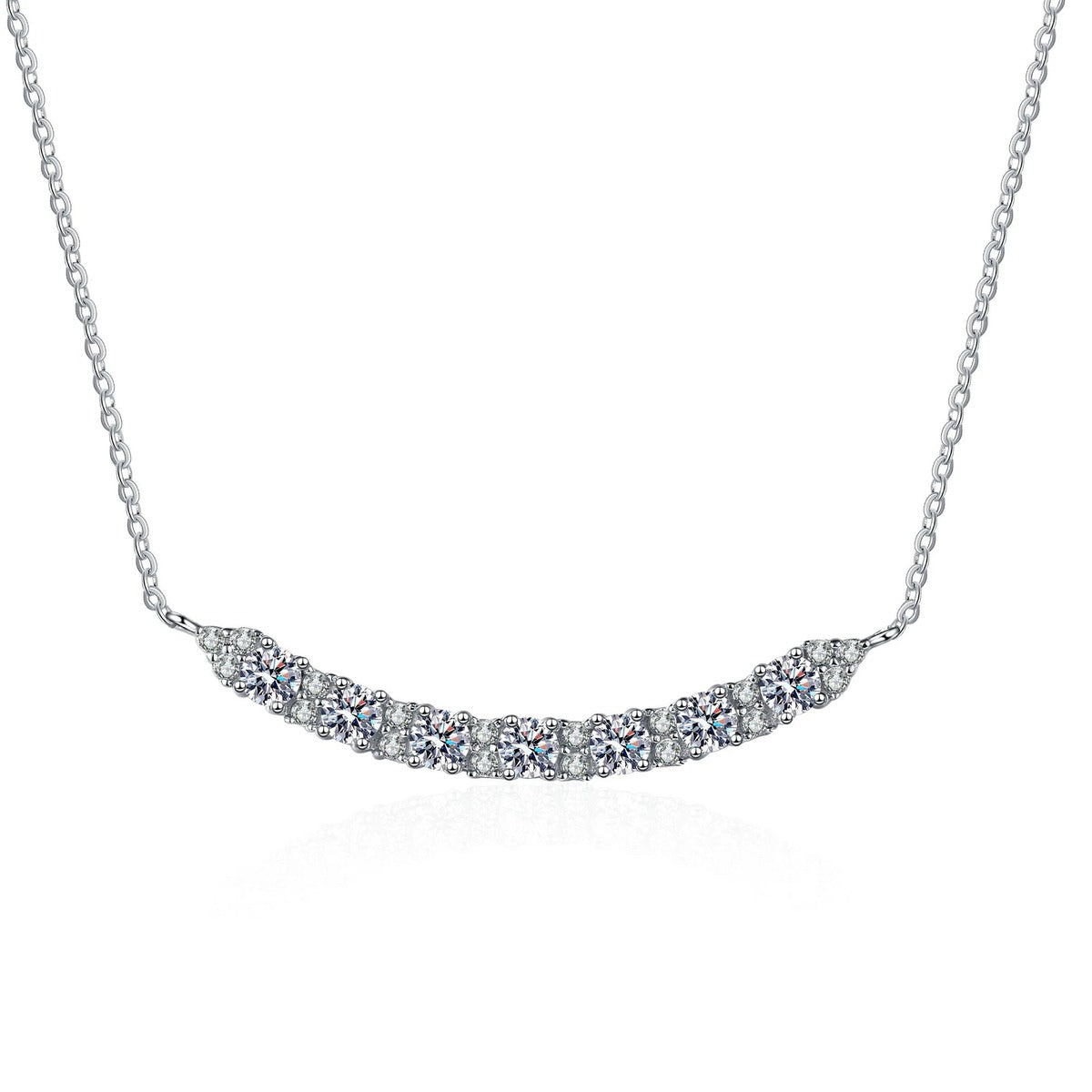 Smile Curve Moissanite Pendant Necklace with CZ in Rhodium-Plated S925 sterling silver on white background showing pendant shape and round moissanite