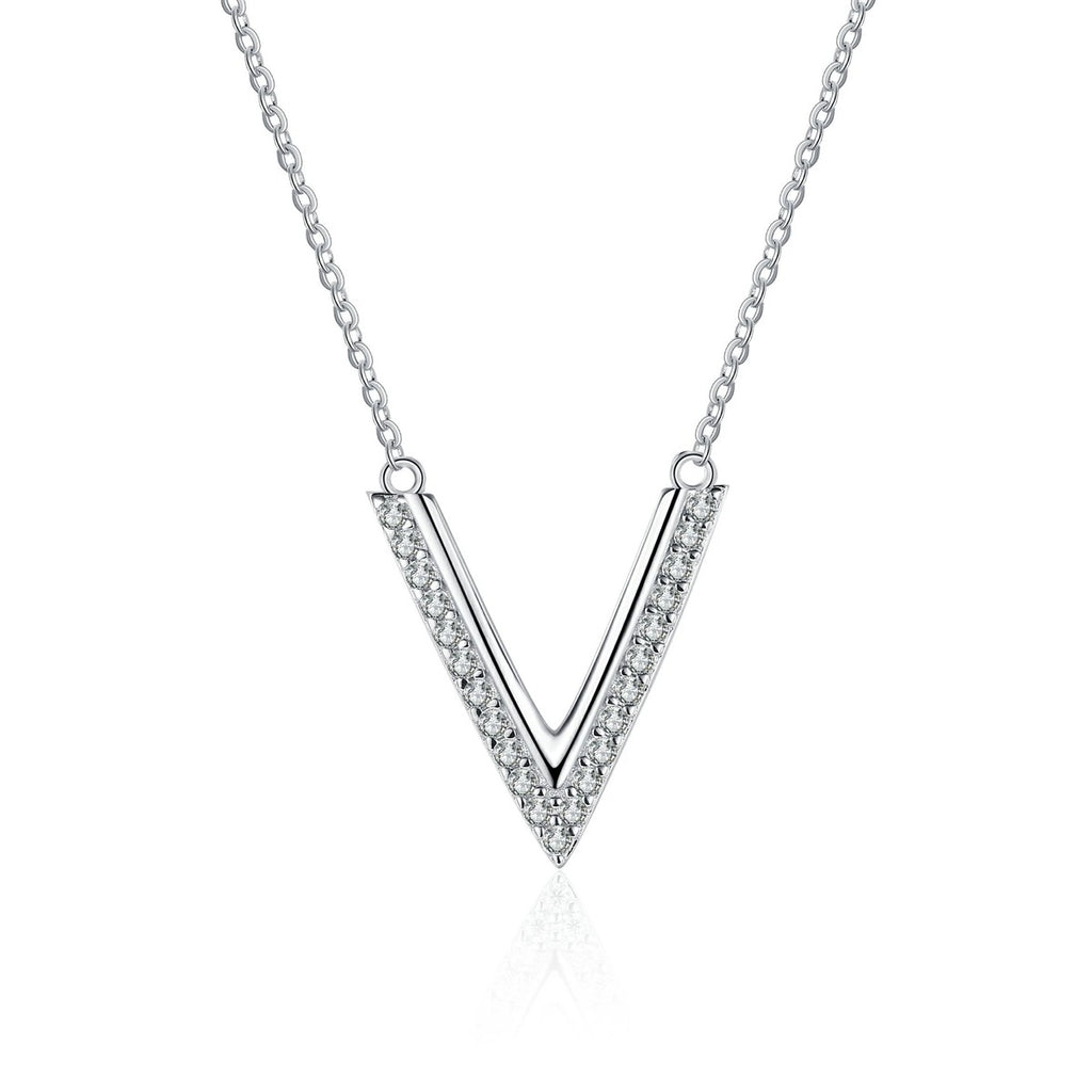 V-Shaped Moissanite Pendant Necklace in Rhodium-Plated S925 sterling silver on white background showing pendant shape and round moissanite