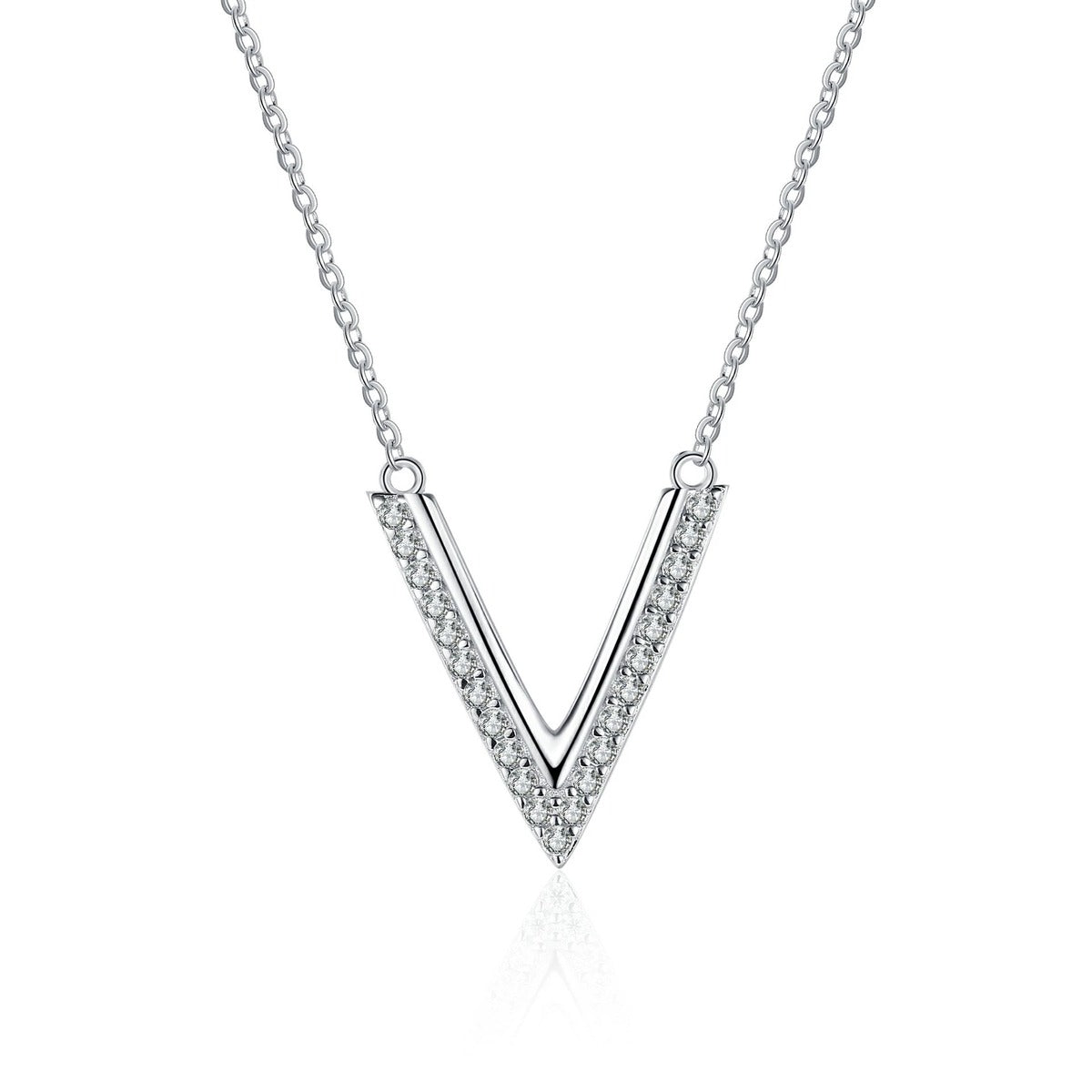 V-Shaped Moissanite Pendant Necklace in Rhodium-Plated S925 sterling silver on white background showing pendant shape and round moissanite