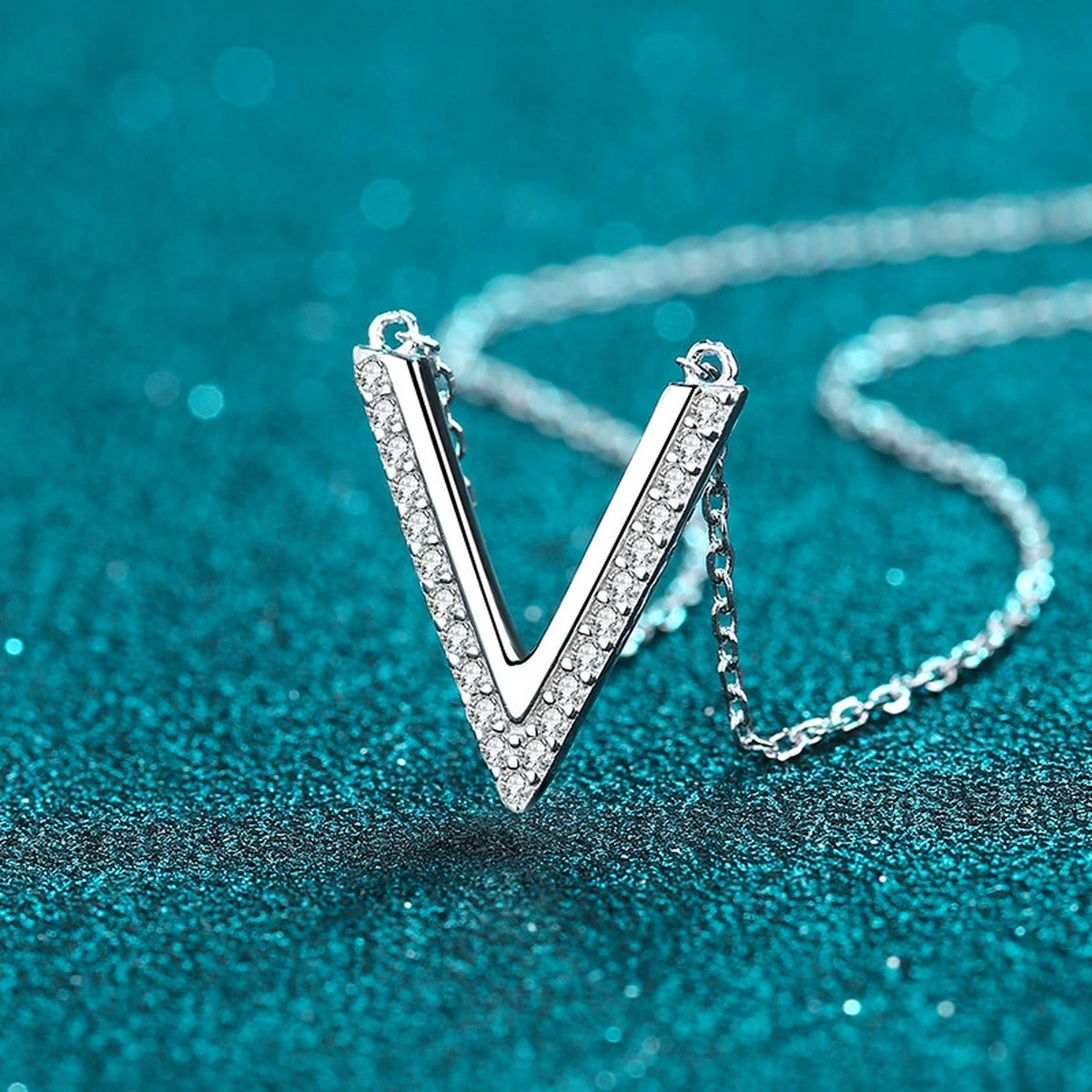 V-Shaped Moissanite Pendant Necklace in Rhodium-Plated S925 sterling silver product scene view showing pendant detail