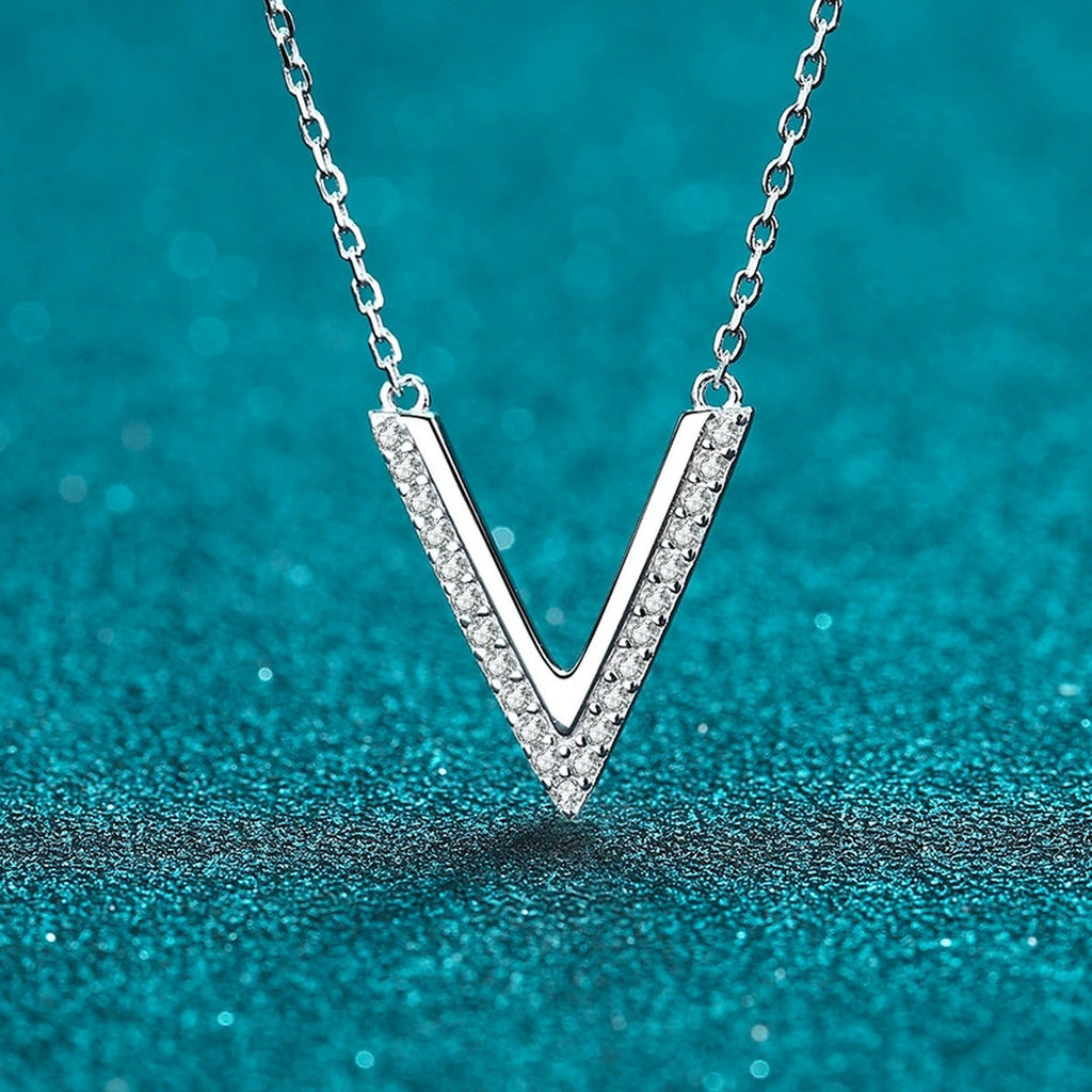 V-Shaped Moissanite Pendant Necklace in Rhodium-Plated S925 sterling silver product scene view showing angled sparkle