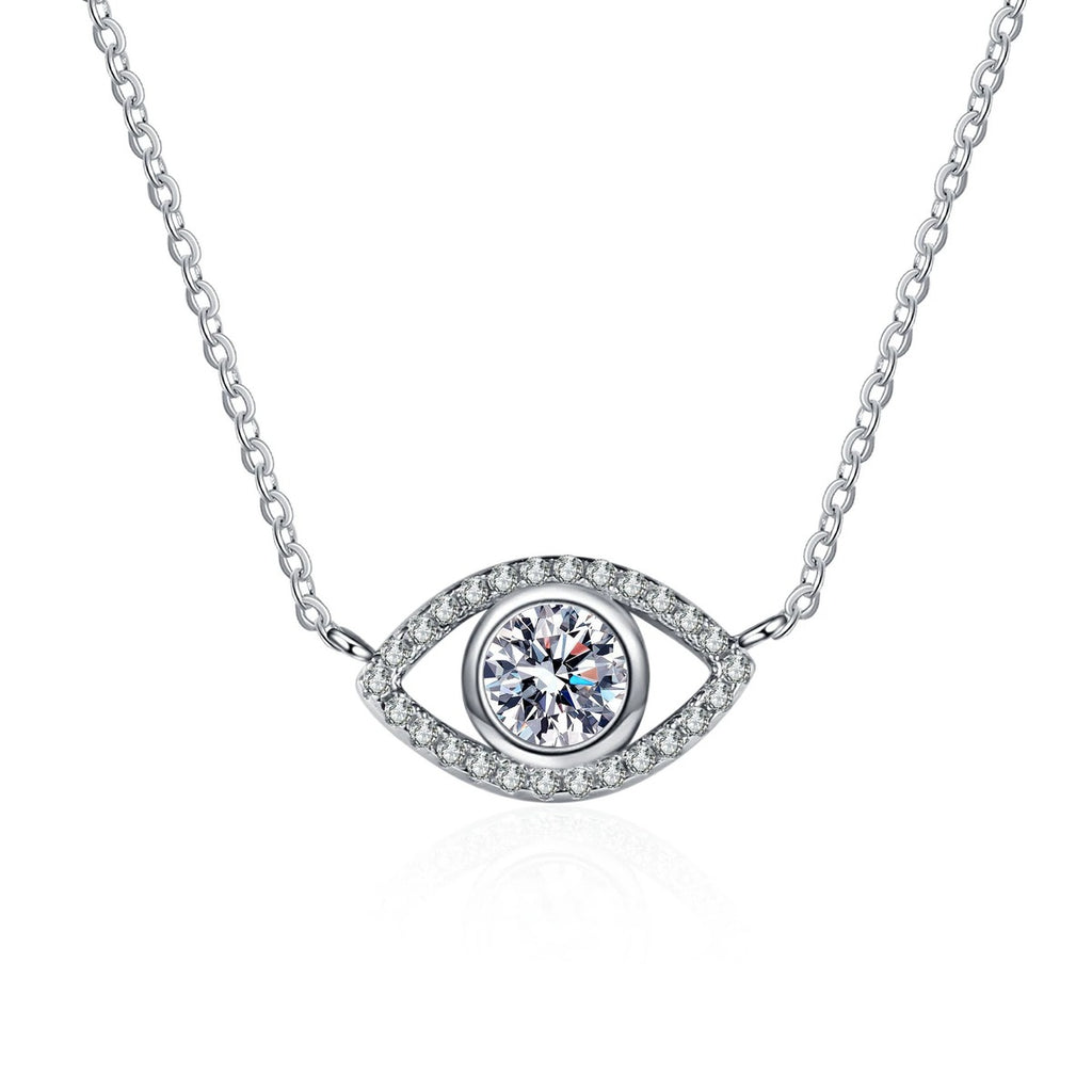 All-Seeing Eye Moissanite Pendant Necklace with CZ in Rhodium-Plated S925 sterling silver on white background showing pendant shape and round moissanite