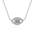 All-Seeing Eye Moissanite Pendant Necklace with CZ in Rhodium-Plated S925 sterling silver on white background showing pendant shape and round moissanite