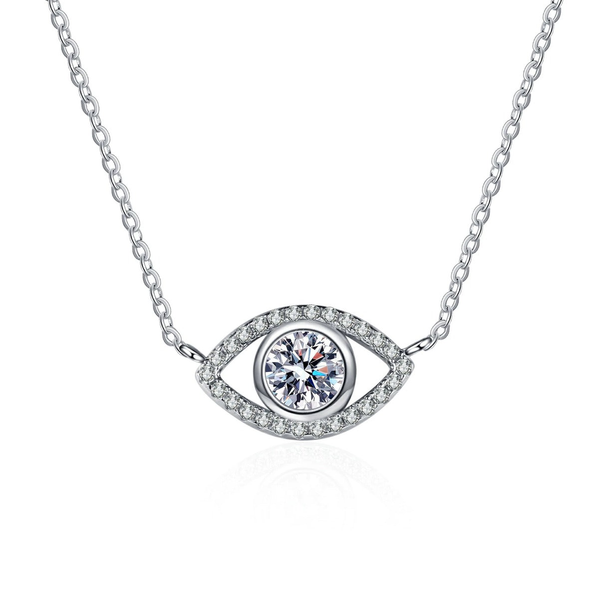 All-Seeing Eye Moissanite Pendant Necklace with CZ in Rhodium-Plated S925 sterling silver on white background showing pendant shape and round moissanite
