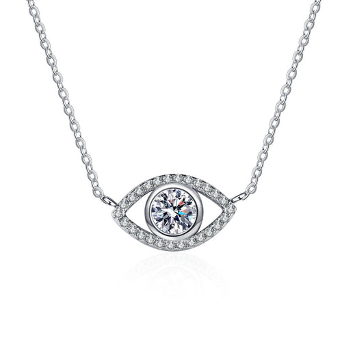 All-Seeing Eye Moissanite Pendant Necklace with CZ in Rhodium-Plated S925 sterling silver on white background showing pendant shape and round moissanite