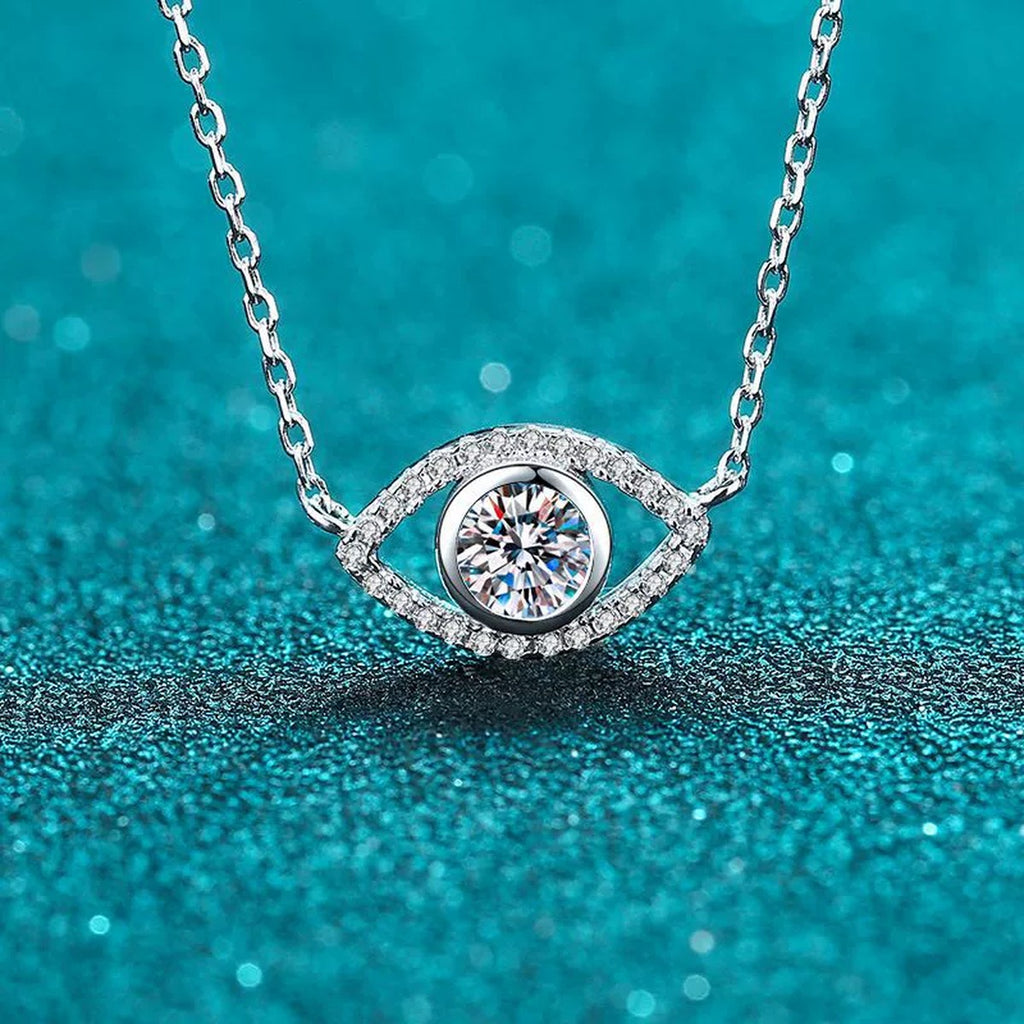 All-Seeing Eye Moissanite Pendant Necklace with CZ in Rhodium-Plated S925 sterling silver product scene view showing pendant detail