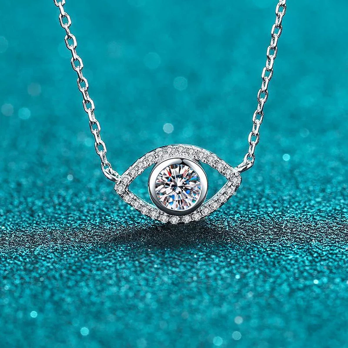 All-Seeing Eye Moissanite Pendant Necklace with CZ in Rhodium-Plated S925 sterling silver product scene view showing pendant detail