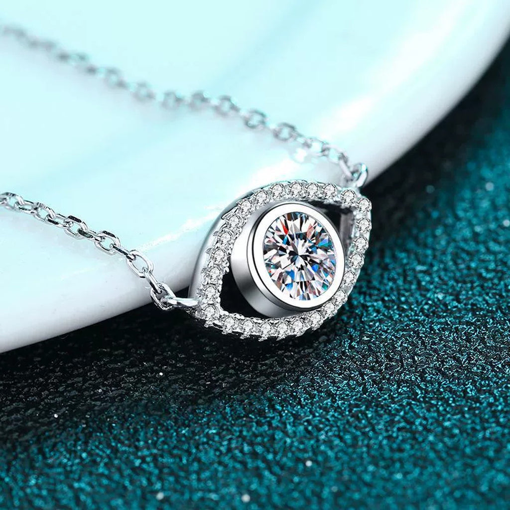All-Seeing Eye Moissanite Pendant Necklace with CZ in Rhodium-Plated S925 sterling silver product scene view showing chain and setting detail
